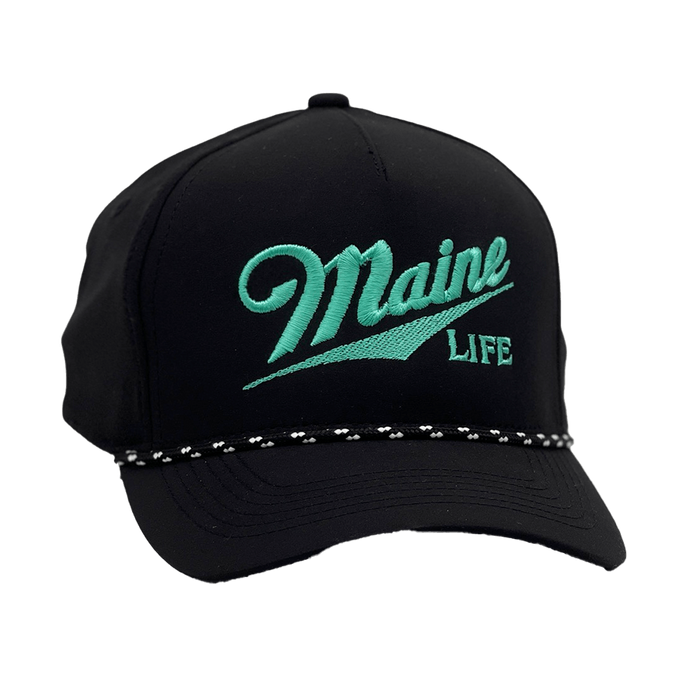 Performance 5-Panel Cap with visor cord in black color and MAINE LiFE Embroidered lettering